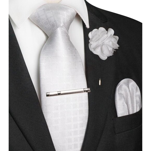 🆕Men White Plaid Checkered Necktie and Pocket with Tie Clip Lapel Pin Set Ties - Picture 2 of 4